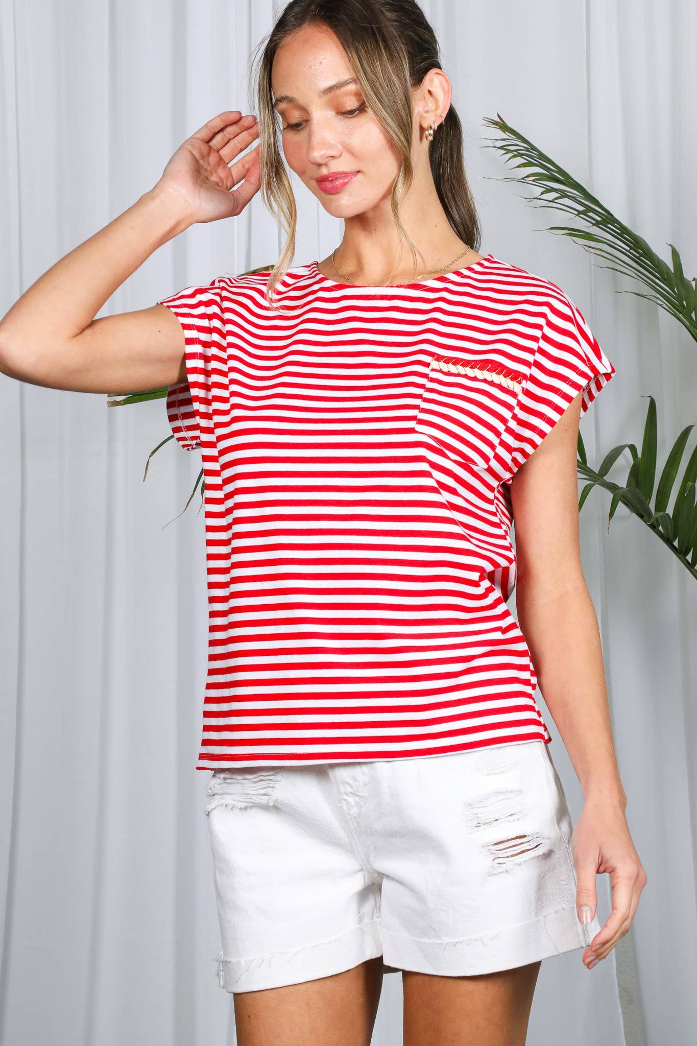 Striped Dolman Sleeve T with Braided Pocket