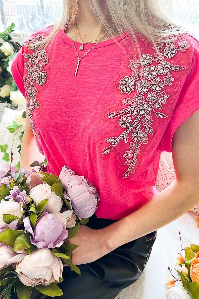 Roll-up Rhinestone Detail Cotton Knit Top