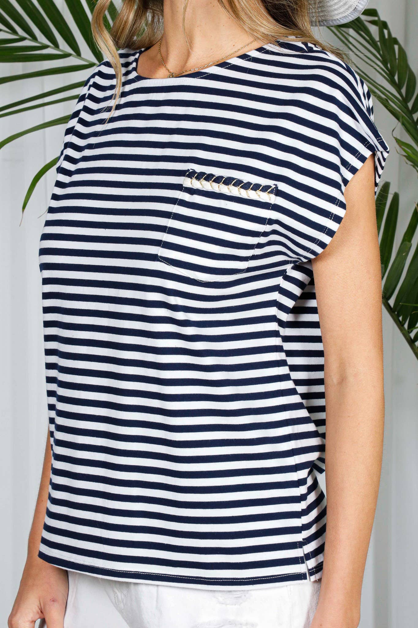 Striped Dolman Sleeve T with Braided Pocket