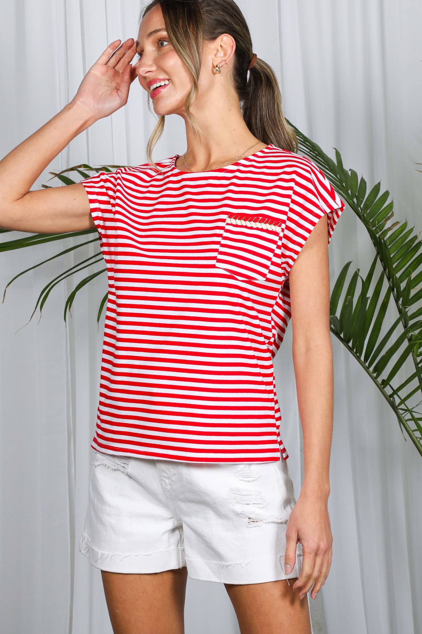 Striped Dolman Sleeve T with Braided Pocket