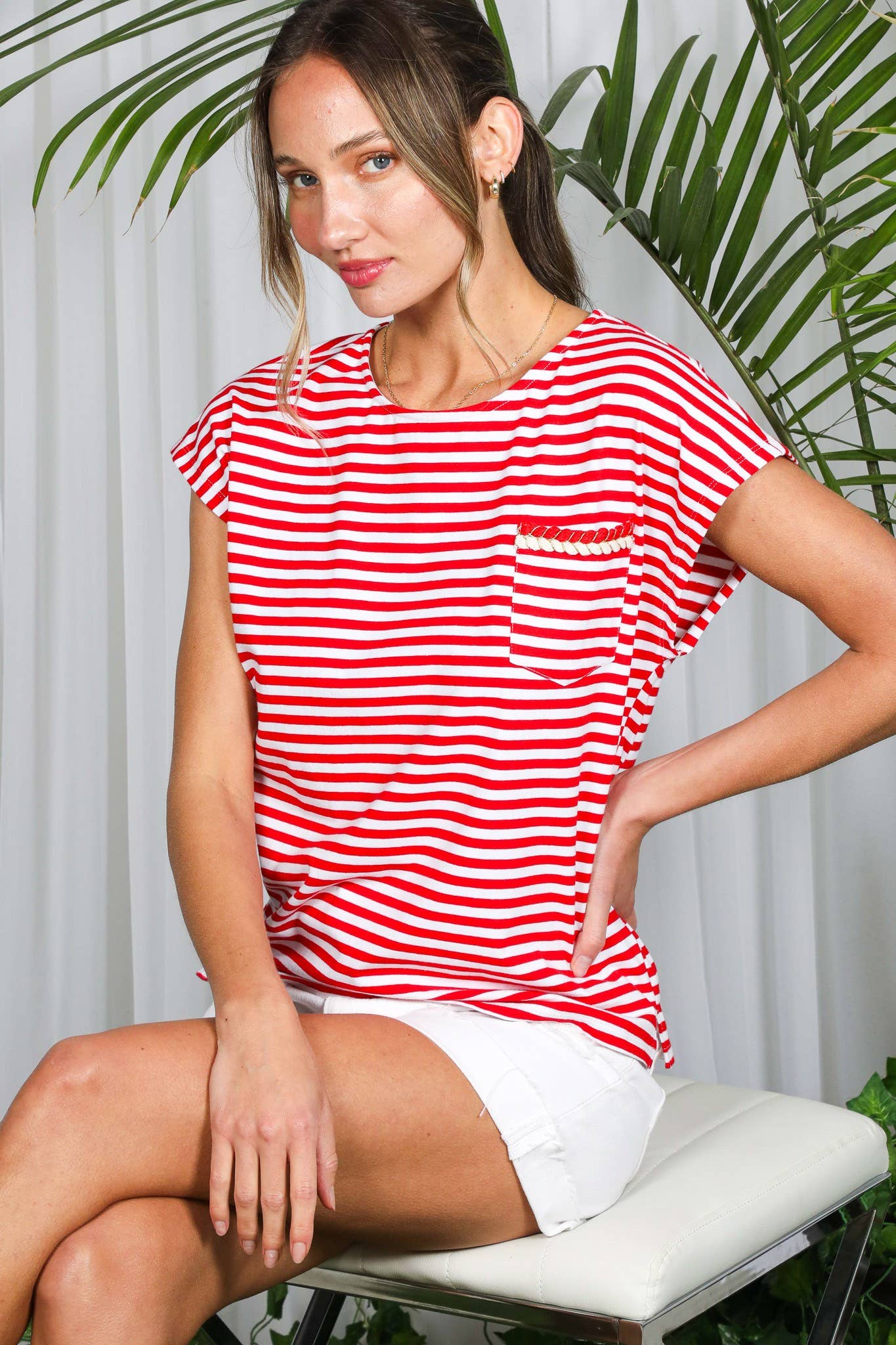 Striped Dolman Sleeve T with Braided Pocket