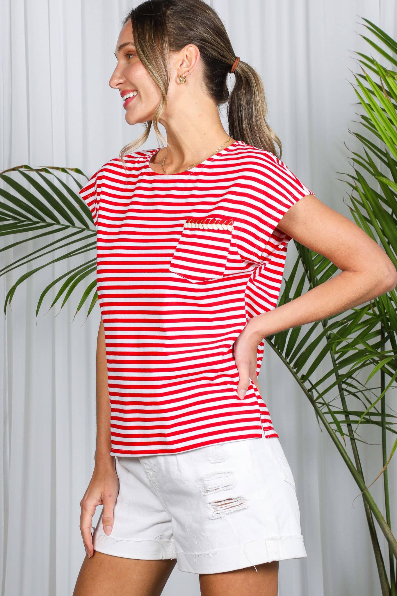 Striped Dolman Sleeve T with Braided Pocket