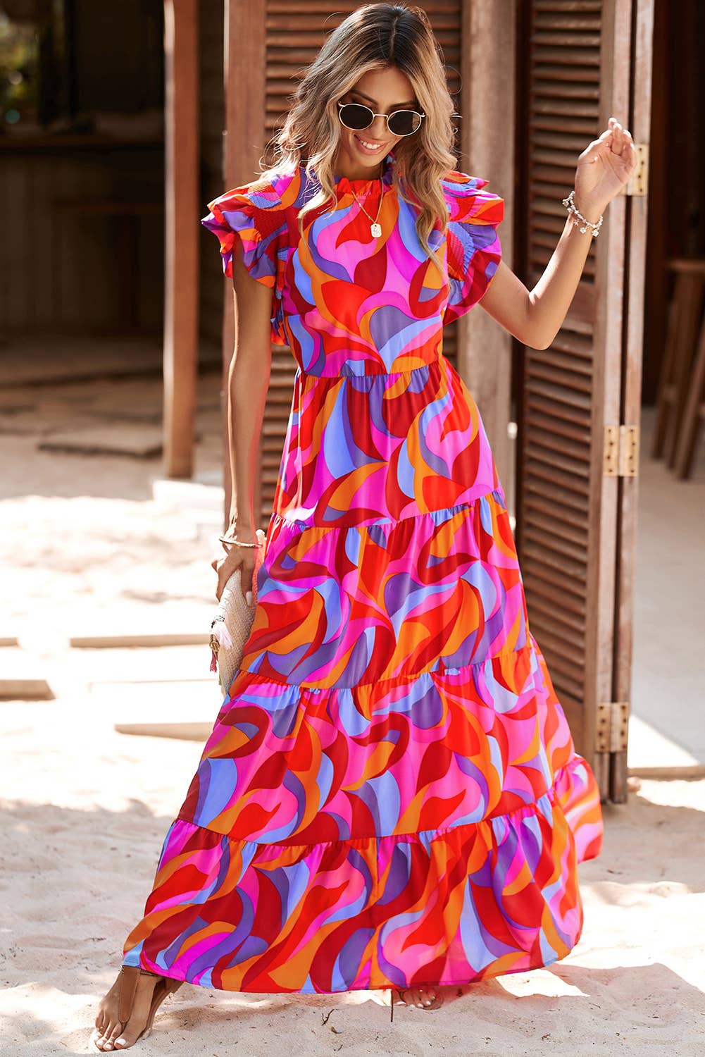 LDC Abstract Printed-High Waist-Ruffle-Tiered Maxi Dress