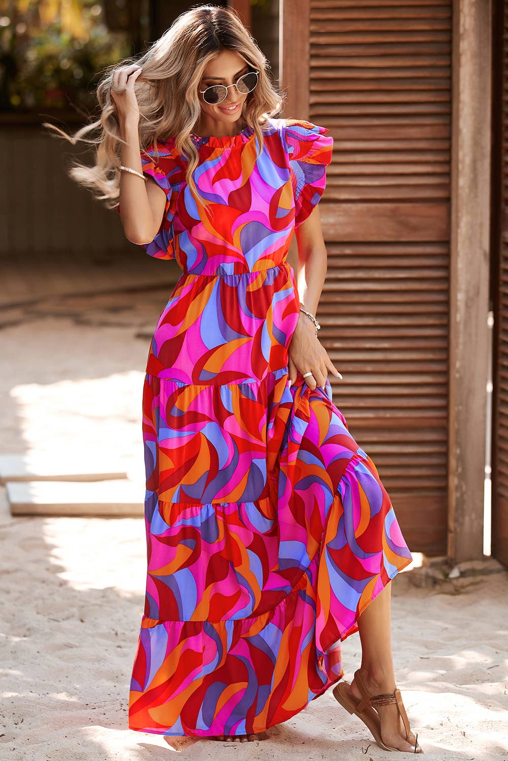 LDC Abstract Printed-High Waist-Ruffle-Tiered Maxi Dress