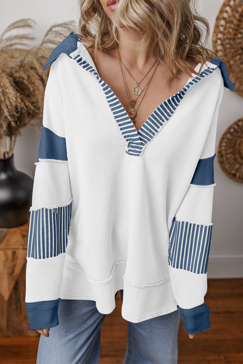 Colorblock Patchwork Striped Collar Sweatshirt