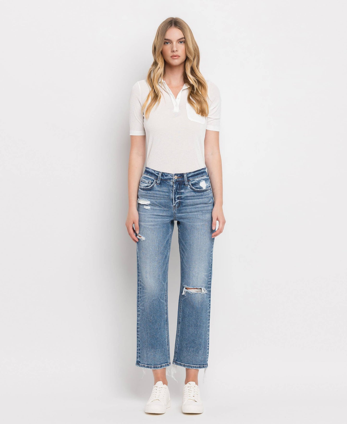 HIGH RISE DISTRESSED HEM CROP STRAIGHT JEANS