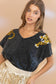 Garment Washed V Neck Tiger Sequin Patch T Shirt