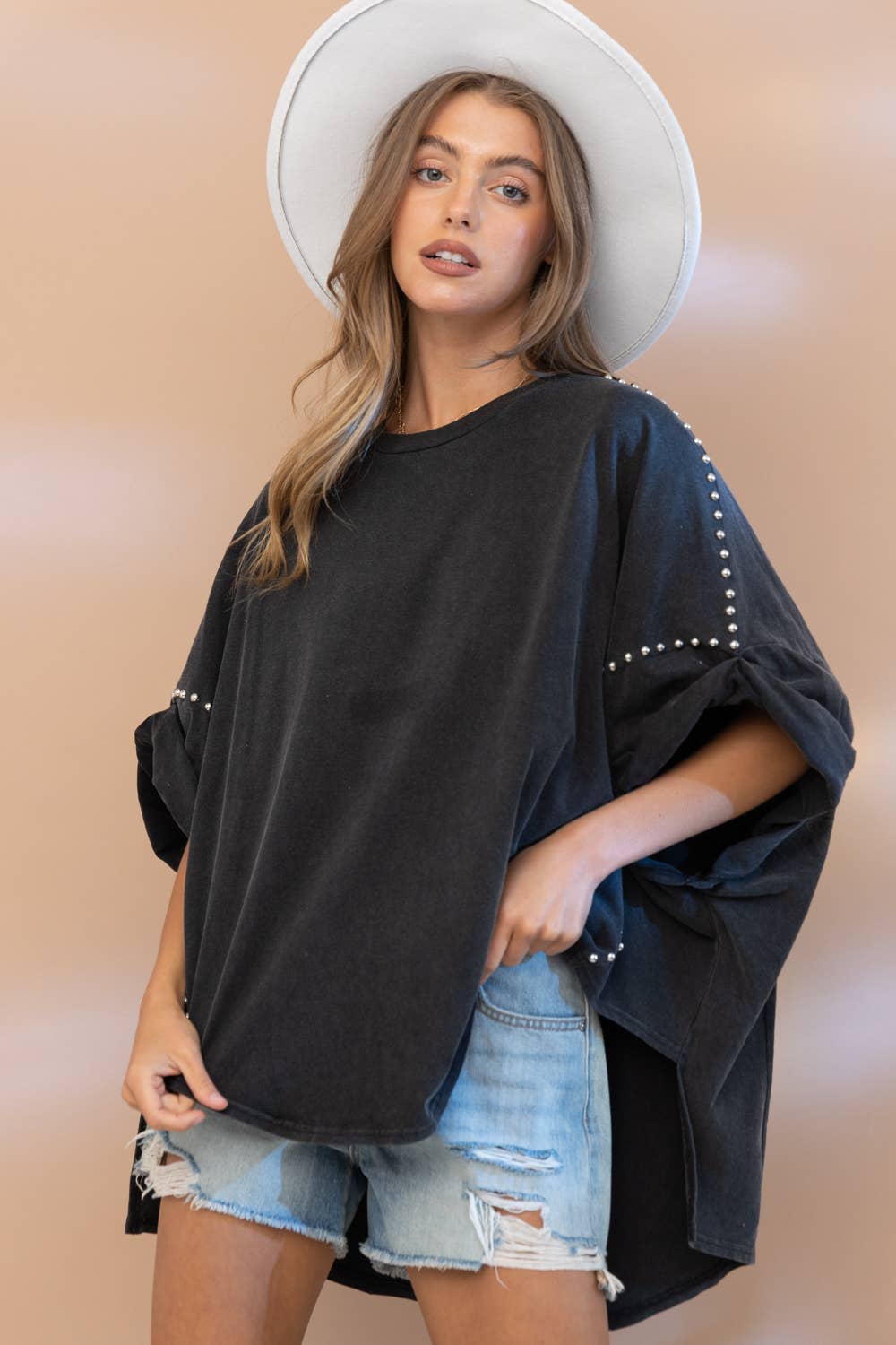 Garment Washed Roll Up Sleeve Studded High Low Tee