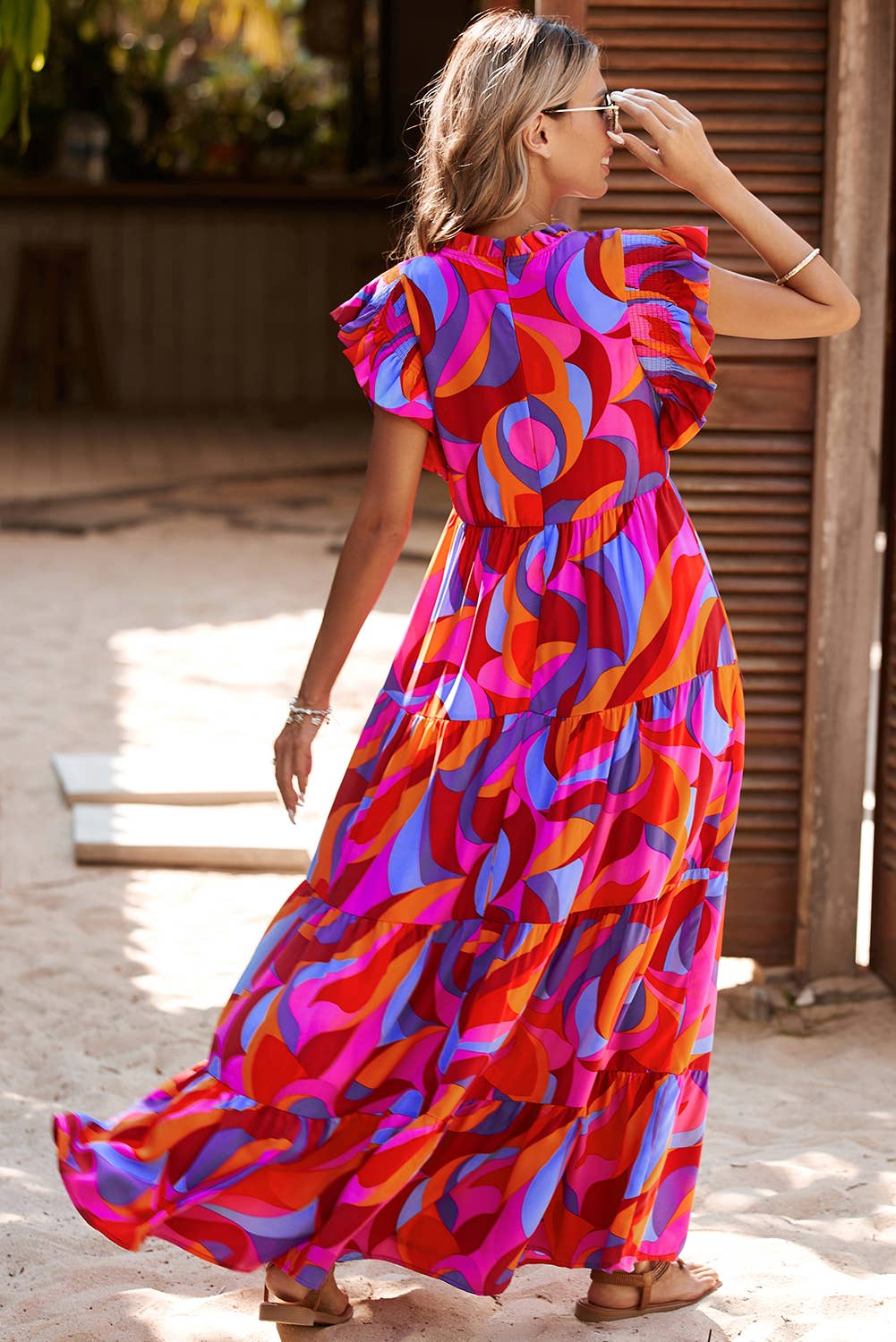 LDC Abstract Printed-High Waist-Ruffle-Tiered Maxi Dress