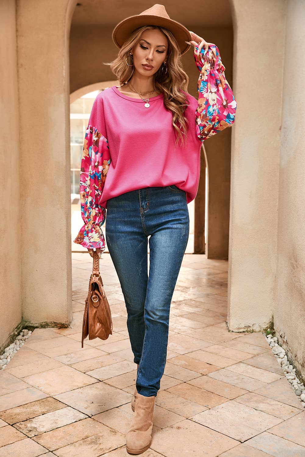 Pink Flower Patchwork Ribbed Knit Drop Shoulder Blouse