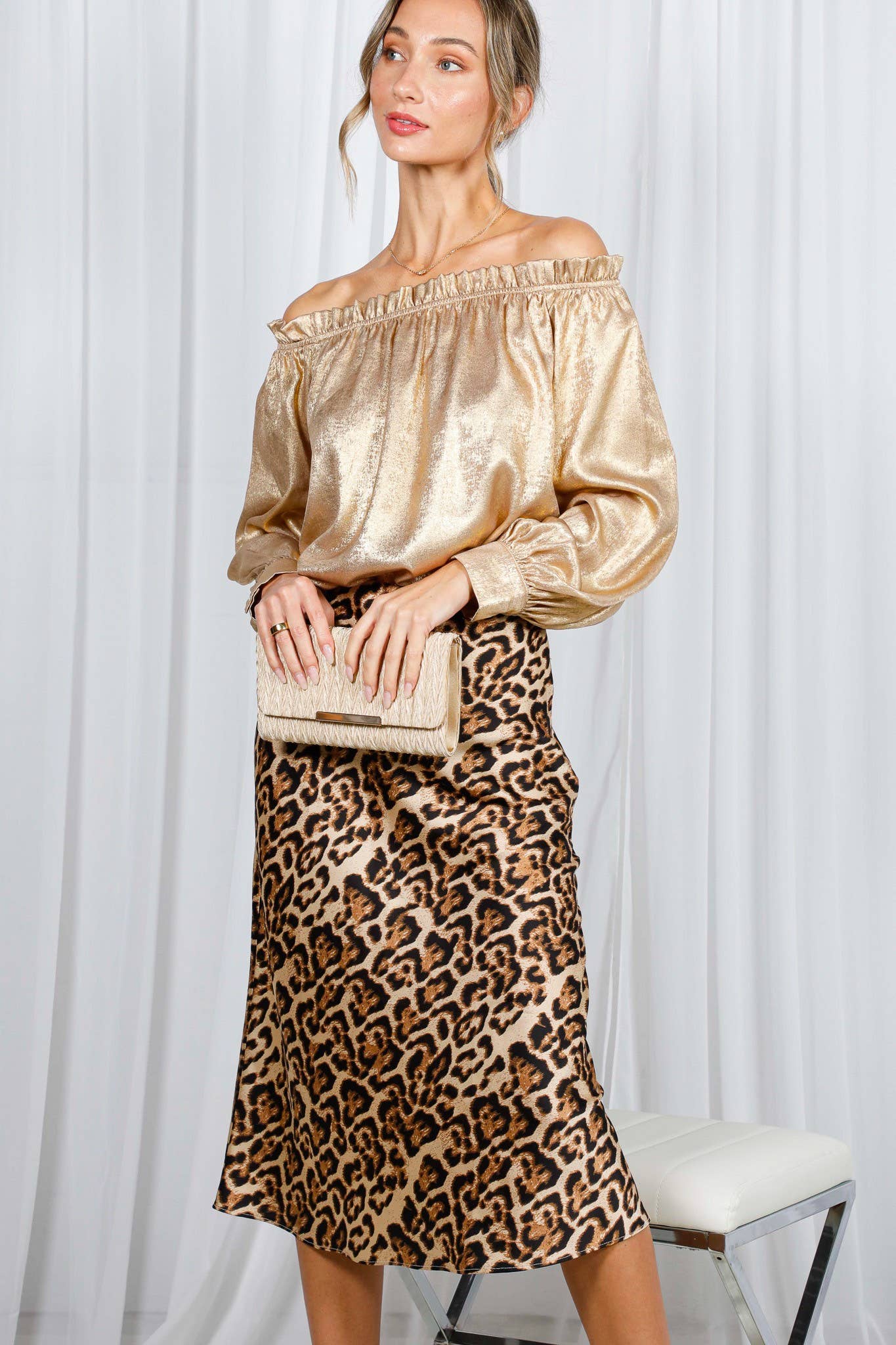 Leopard Printed Bias Cut Satin Slip Skirt VS51610G