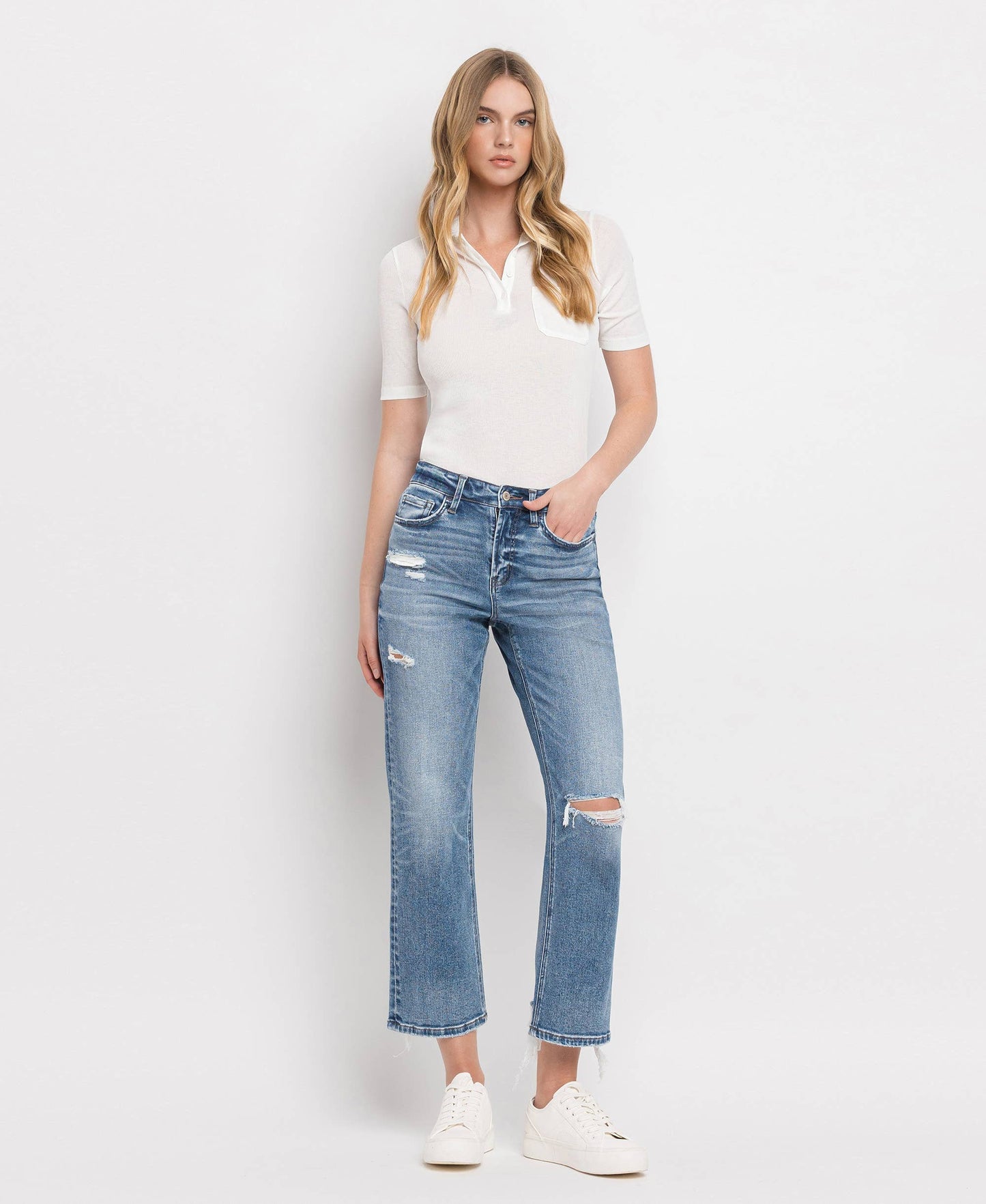 HIGH RISE DISTRESSED HEM CROP STRAIGHT JEANS