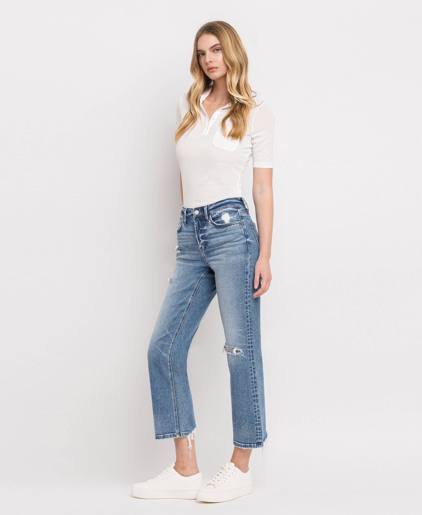 HIGH RISE DISTRESSED HEM CROP STRAIGHT JEANS