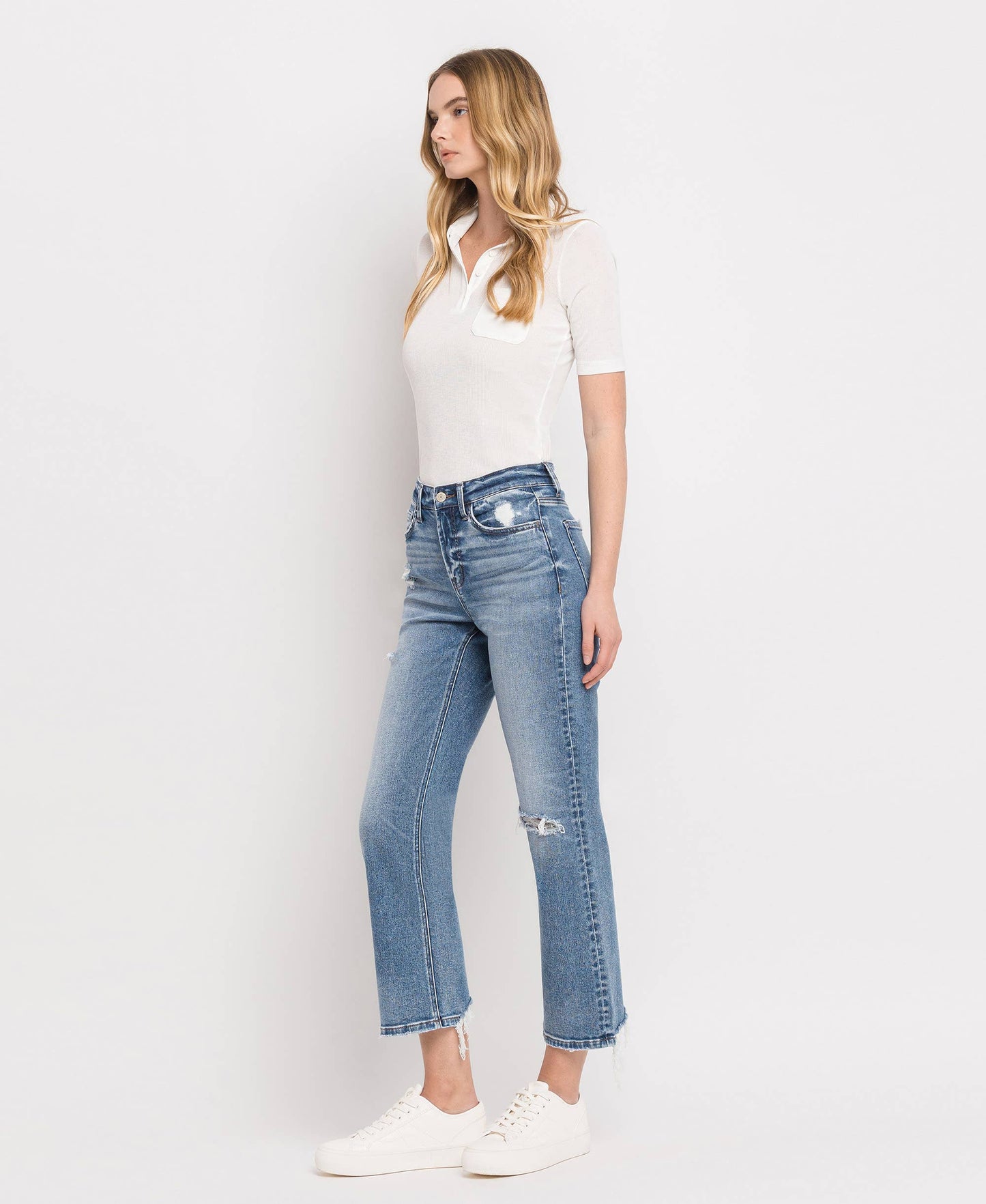 HIGH RISE DISTRESSED HEM CROP STRAIGHT JEANS