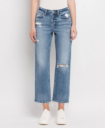 HIGH RISE DISTRESSED HEM CROP STRAIGHT JEANS