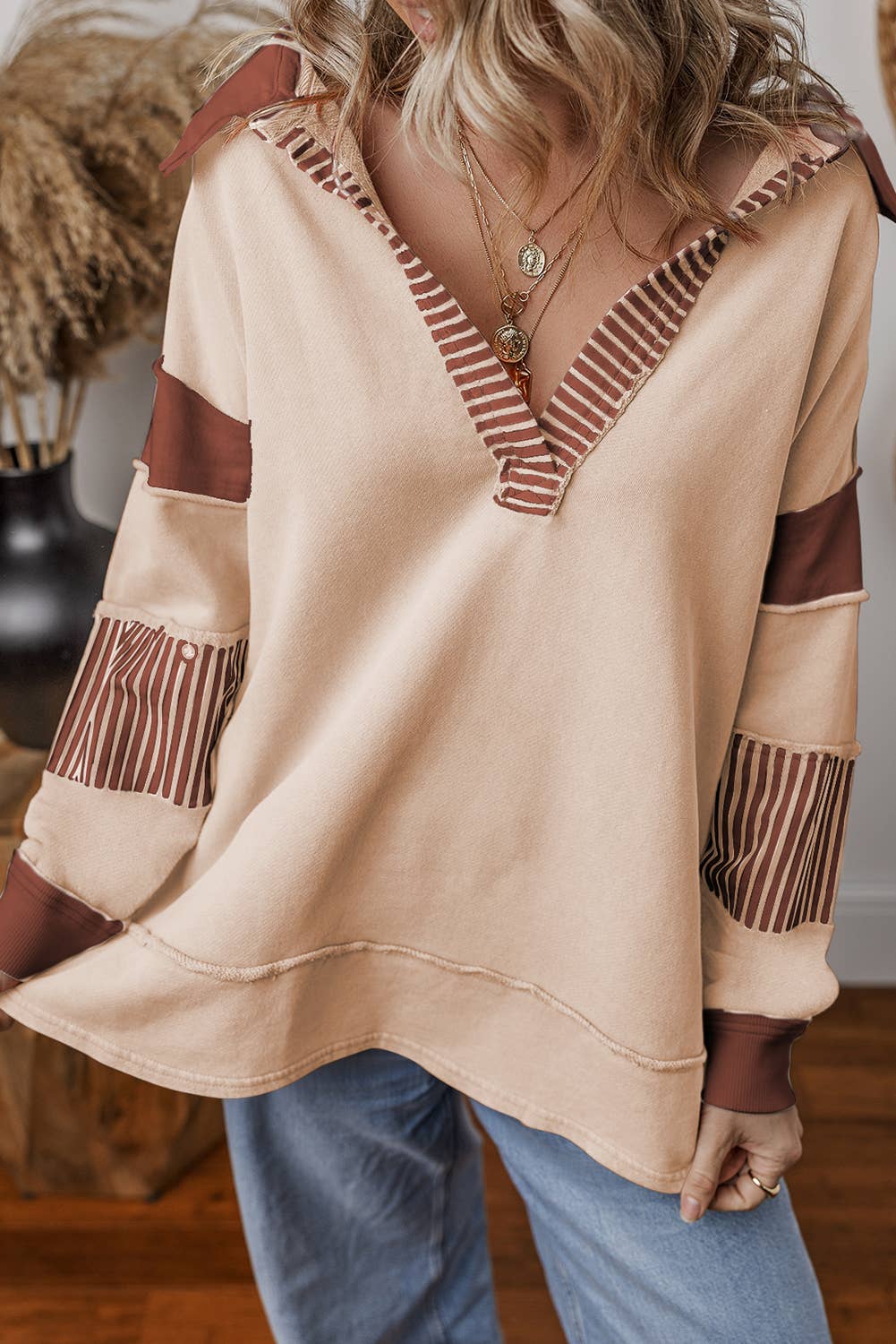 Colorblock Patchwork Striped Collar Sweatshirt