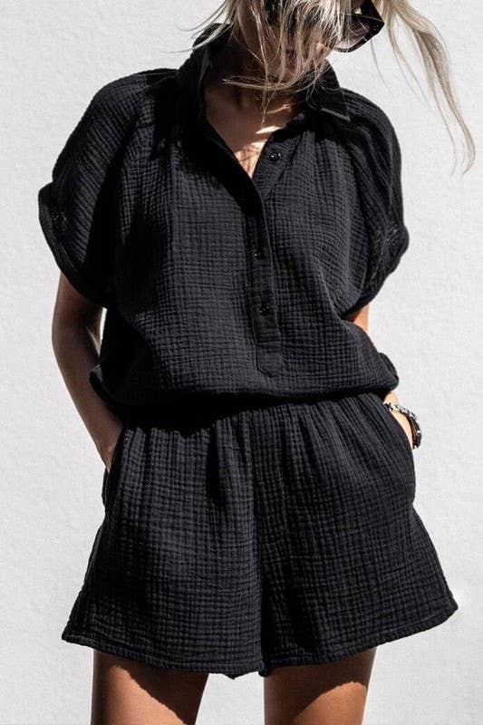 Crinkle Blouse and Short Set in Black