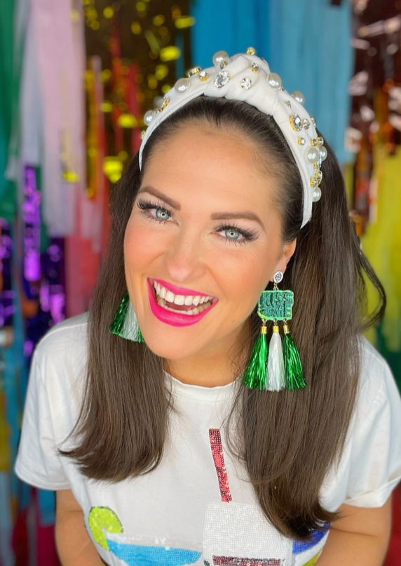 White Twill Headband with Large Pearls and Crystals