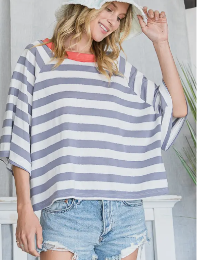 Boxy Gray and White Stripe Tee with Red Neckline