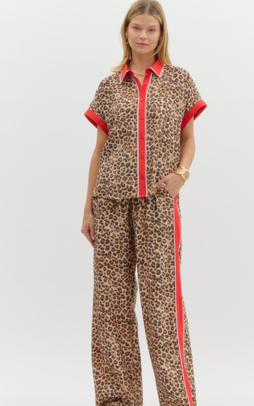 Leopard Dolman Sleeve Top with Red Accent