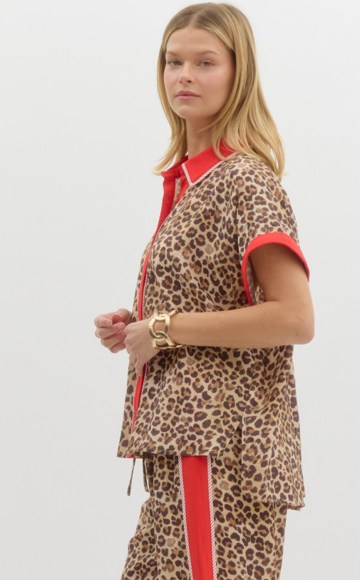 Leopard Dolman Sleeve Top with Red Accent