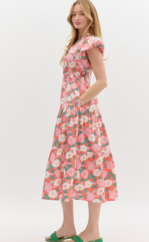 Puff Sleeve Floral Midi Dress