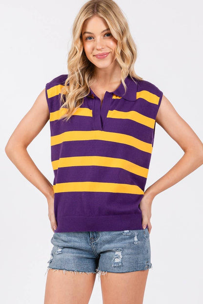 Game Day - Striped Sleeveless Sweater Top
