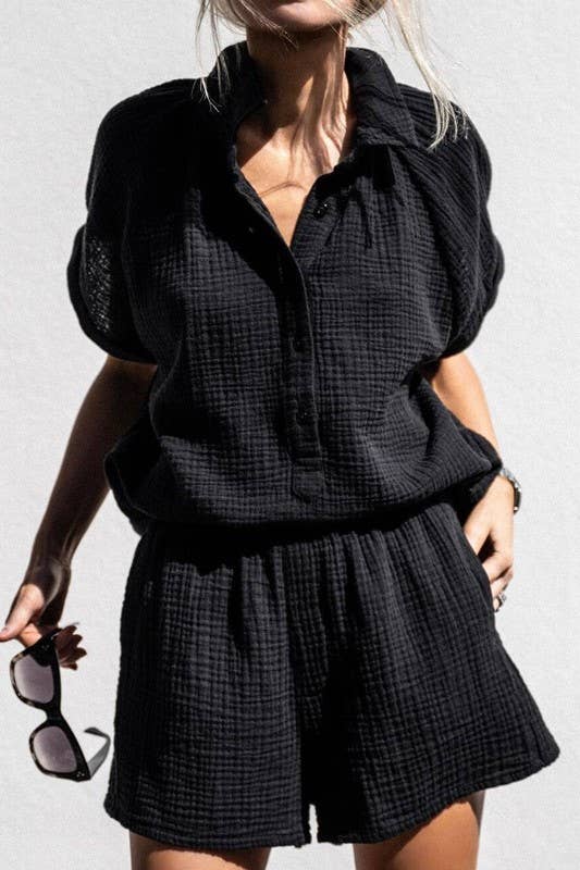 Crinkle Blouse and Short Set in Black