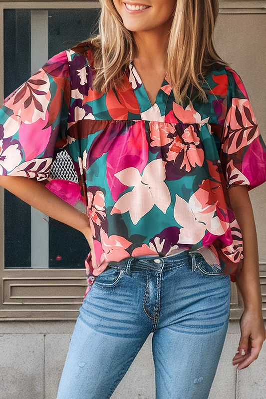 Floral Print V Neck Lantern Sleeve Blouse