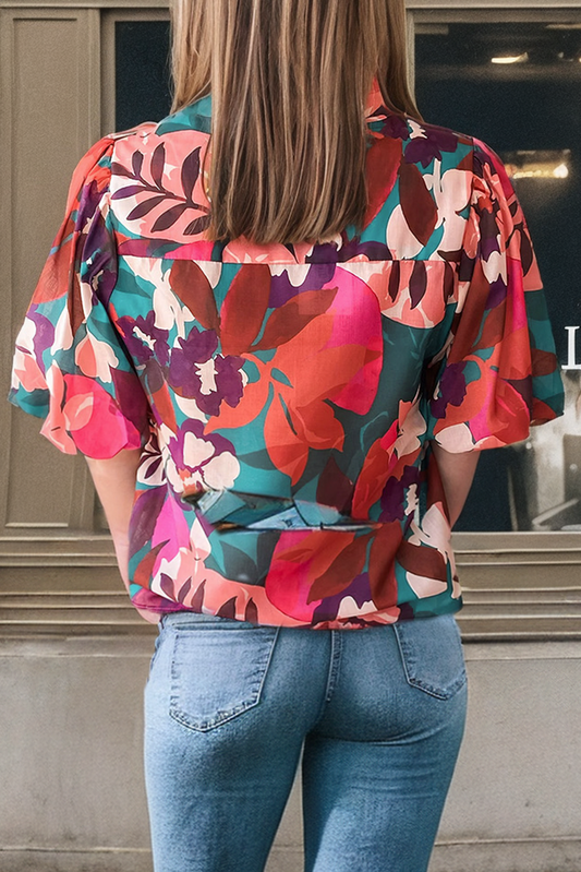 Floral Print V Neck Lantern Sleeve Blouse