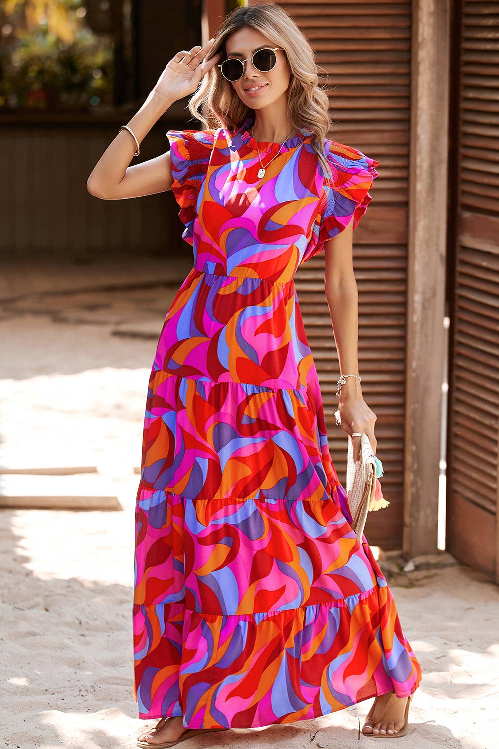 LDC Abstract Printed-High Waist-Ruffle-Tiered Maxi Dress