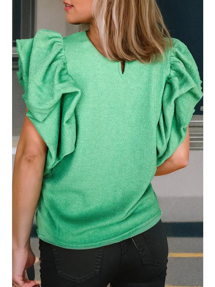 Solid Green Ruffle Sleeve Ribbed Blouse
