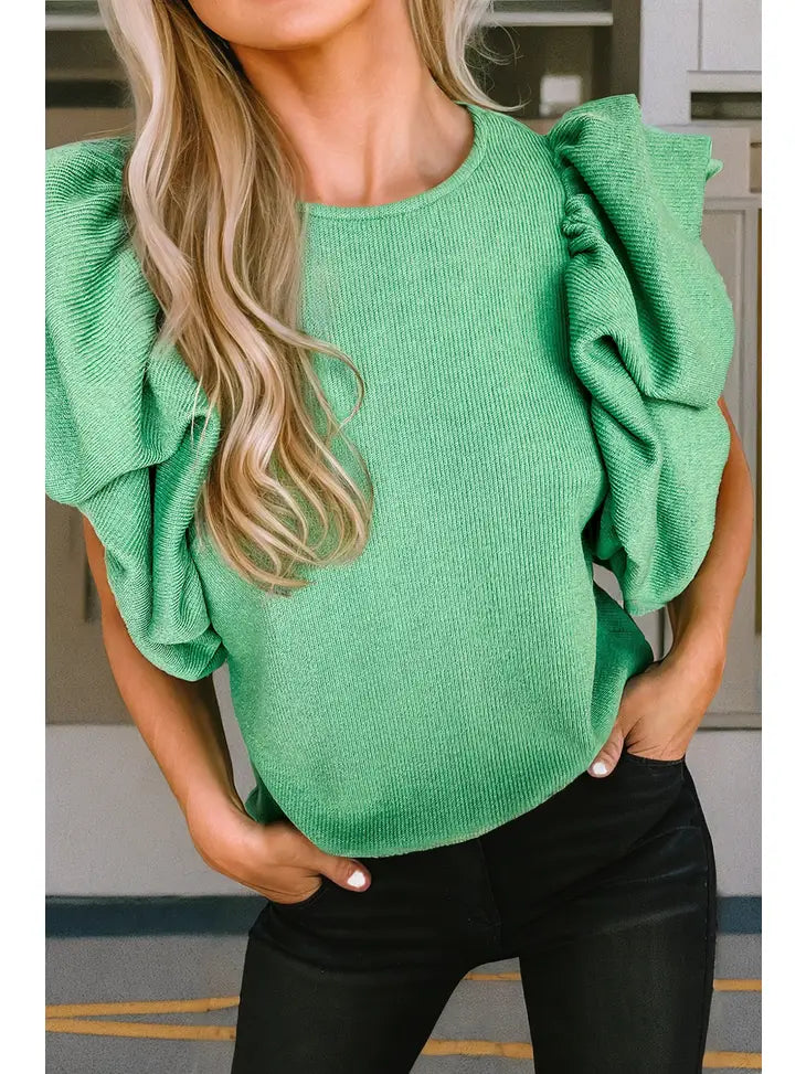 Solid Green Ruffle Sleeve Ribbed Blouse