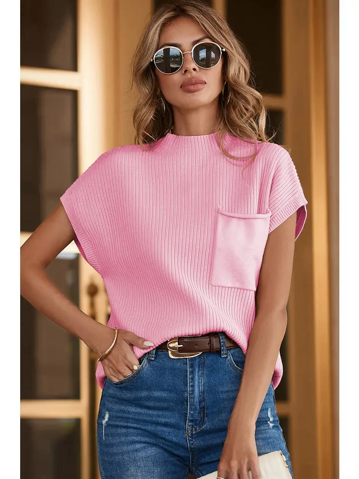 Pink Patch Pocket Short-sleeved Sweater