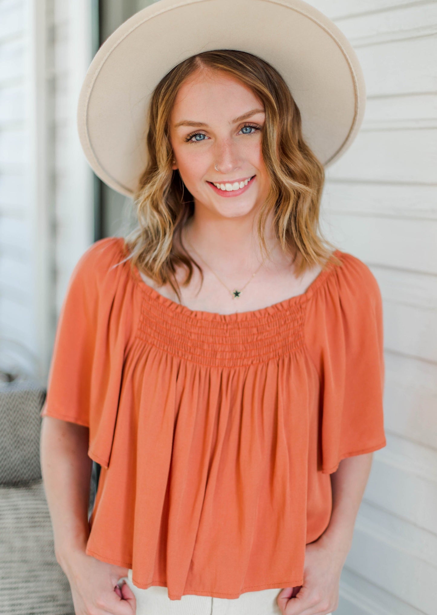 Rust Ruffle Sleeve Top