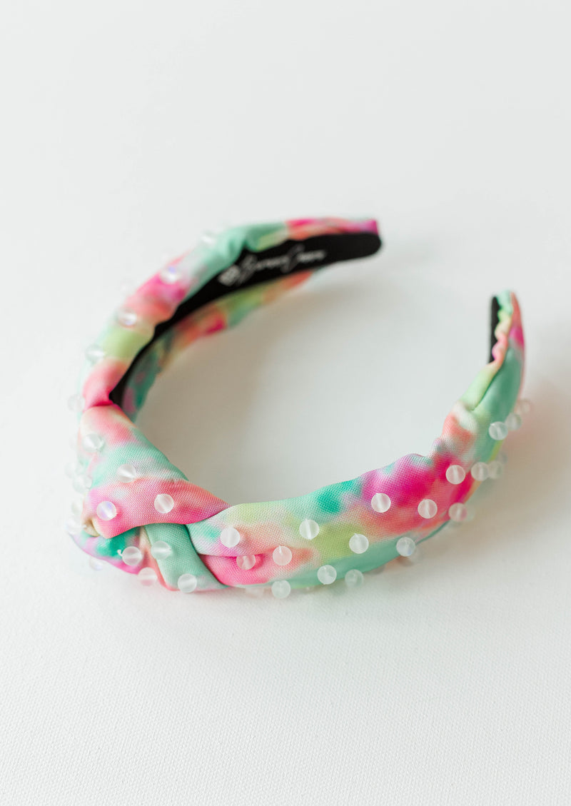 Pink and Green Tie Dye Headband with Moonstone Beads