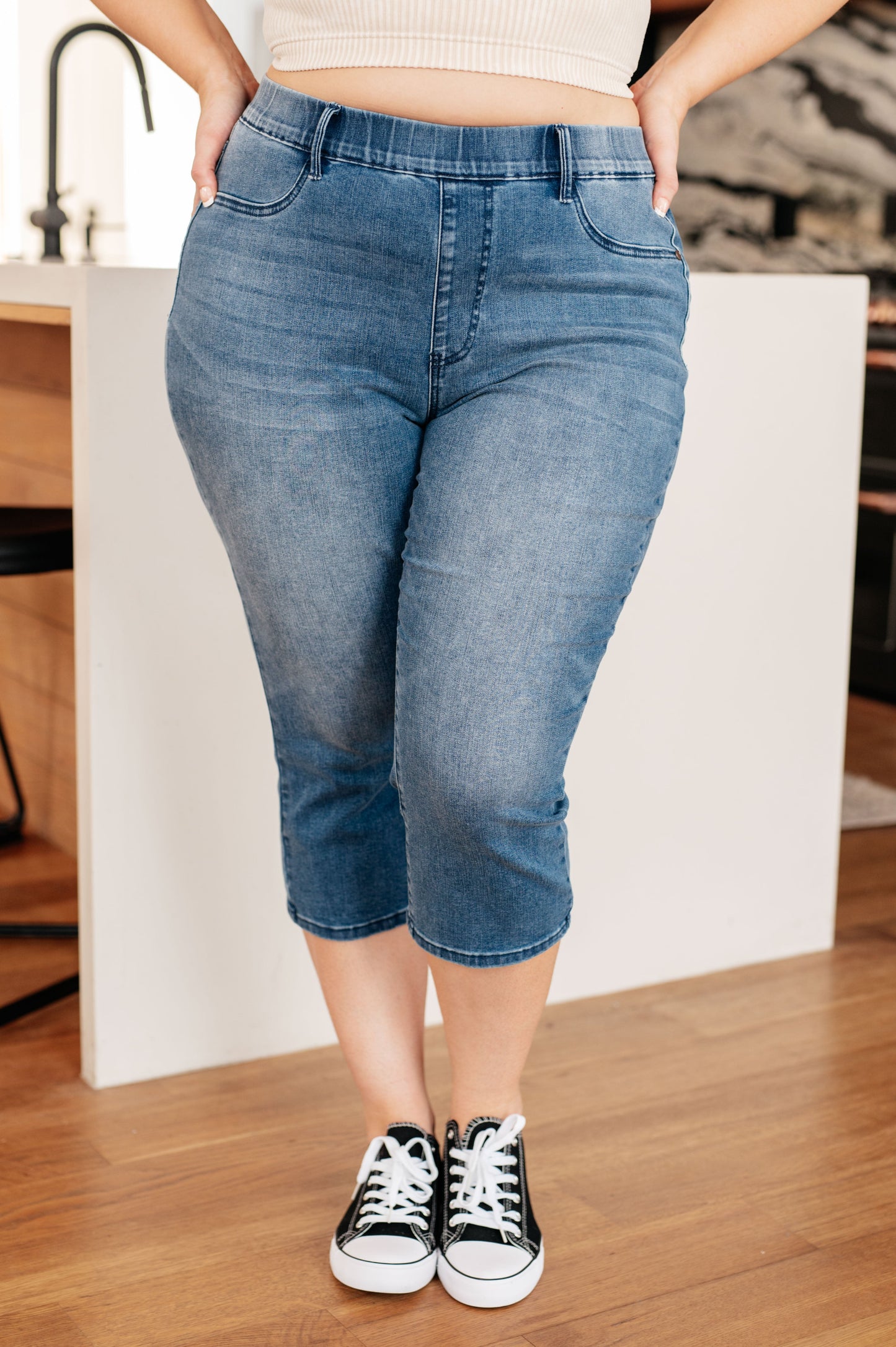 Emily High Rise Cool Denim Pull On Capri Jeans